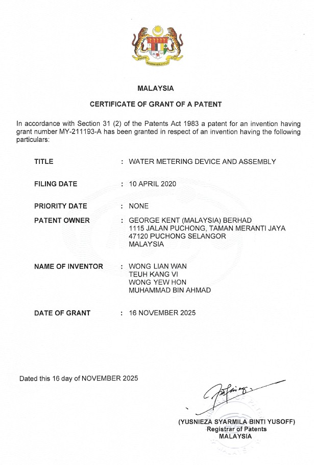 Official Intellectual Property Registration Certificate for Malaysian Patent MY-211193-A.
