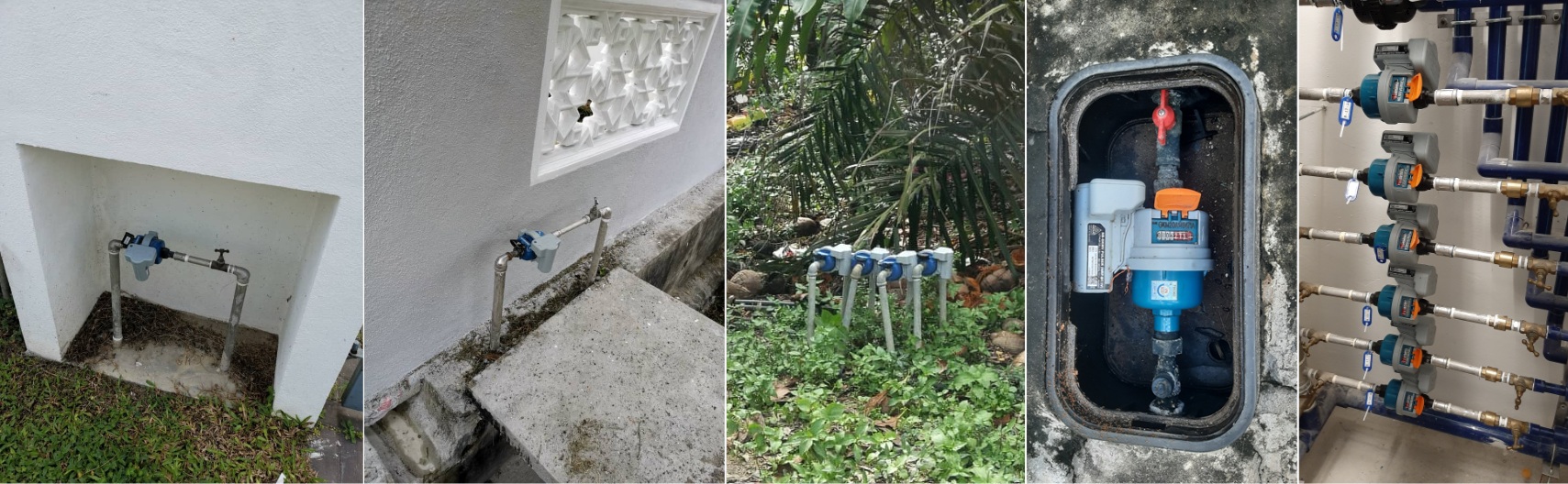 Photo collage demonstrating diverse water smart meter field deployments across residential meter stand, underground valve boxes, rural ground fields, and highrise indoor manifold clusters.
