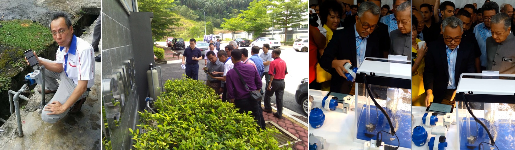 Photo collage showing Vincent Wong demonstrating live data upon Malaysia's first NB-IoT base station activation, leading an official utility and telco POC site visit, and presenting the smart metering solution to the Prime Minister.