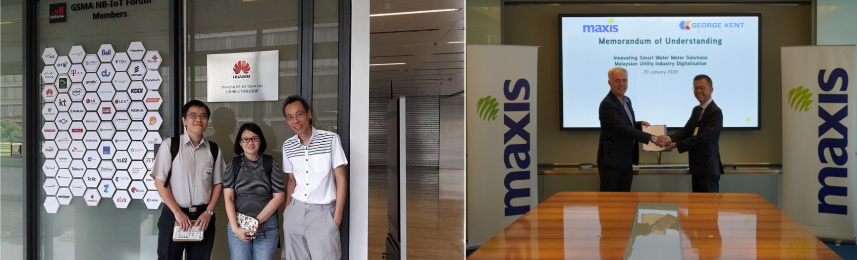 Photo collage highlighting Vincent Wong's technological milestones: research at the Huawei Shanghai NB-IoT OpenLab in 2017, and the official Maxis-George Kent MoU signing ceremony in 2020.